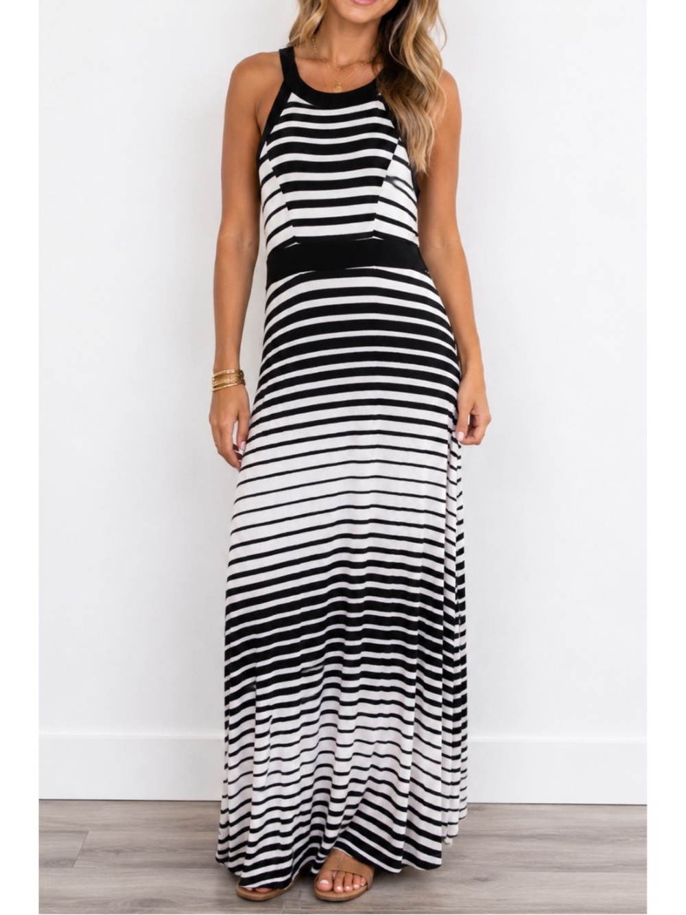 Monteau black and white striped sleeveless maxi dress with a fitted waist band
